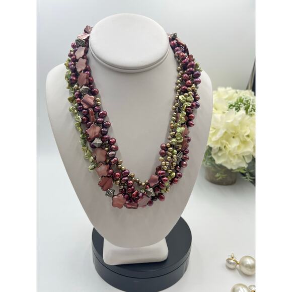 5-Strand MultiColor Purple Green Pink Freshwater Pearl Flower Bead Necklace - Picture 12 of 12